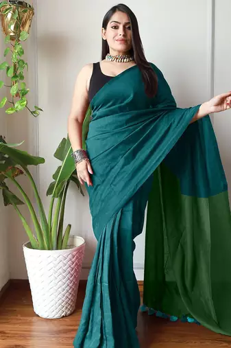 teal solid cotton blend saree