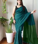 teal solid cotton blend saree