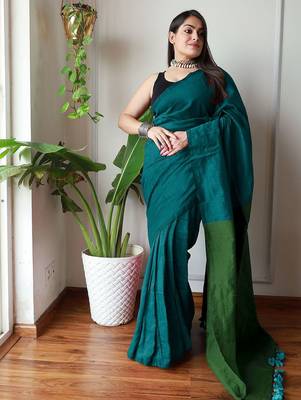 teal solid cotton blend saree 2