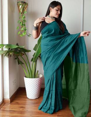 teal solid cotton blend saree 3