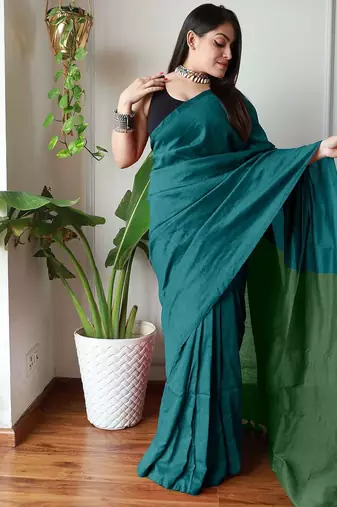 teal solid cotton blend saree
