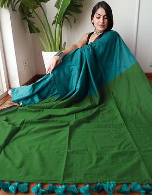 teal solid cotton blend saree 5