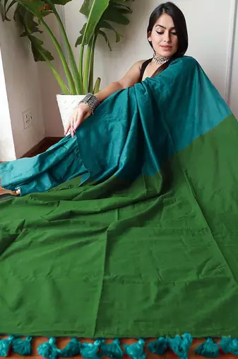 teal solid cotton blend saree