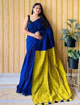 blue solid cotton blend saree with blouse 1