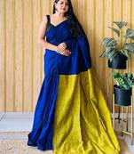 blue solid cotton blend saree with blouse