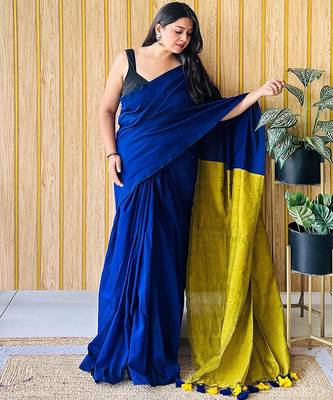 blue solid cotton blend saree with blouse 2