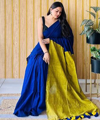 blue solid cotton blend saree with blouse 3
