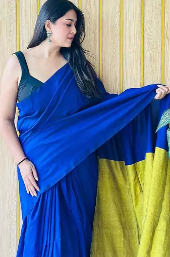 blue solid cotton blend saree with blouse