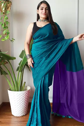 teal cotton blend saree with blouse piece