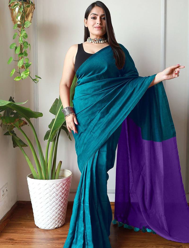 teal cotton blend saree with blouse piece