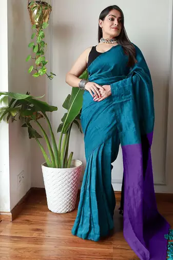 teal cotton blend saree with blouse piece
