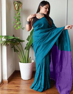 teal cotton blend saree with blouse piece 3