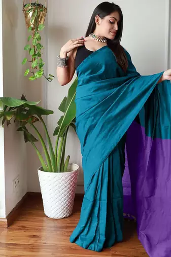 teal cotton blend saree with blouse piece