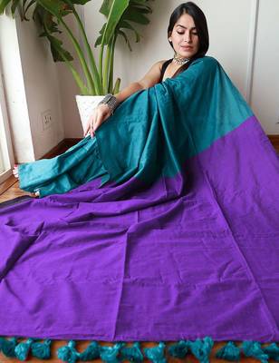 teal cotton blend saree with blouse piece 4