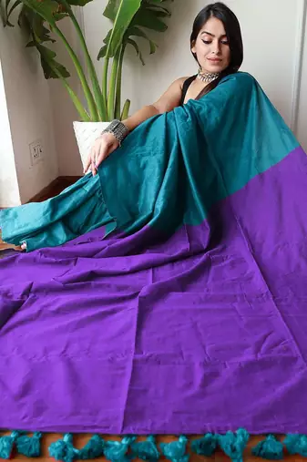 teal cotton blend saree with blouse piece
