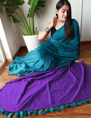 teal cotton blend saree with blouse piece 5