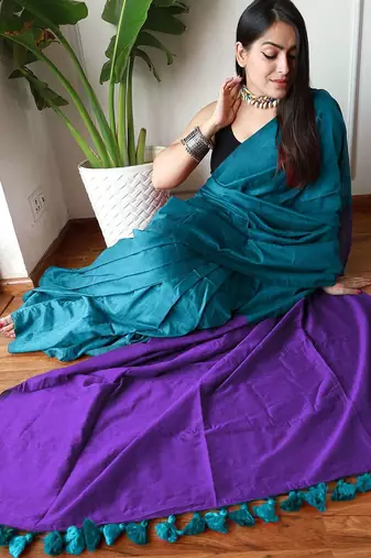 teal cotton blend saree with blouse piece