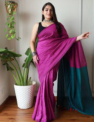 burgundy cotton blend solid saree 1