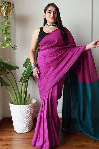 burgundy cotton blend solid saree