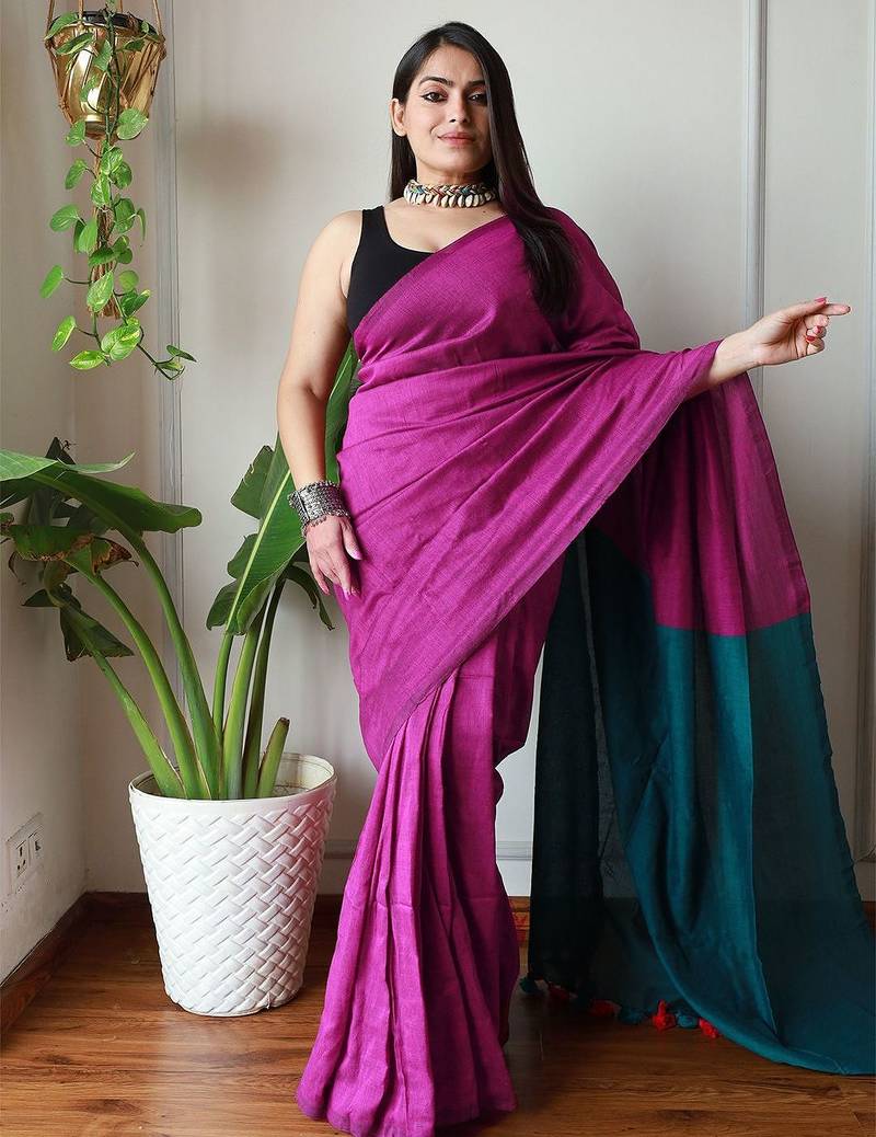burgundy cotton blend solid saree