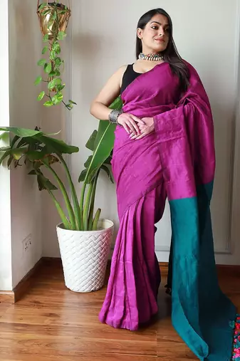 burgundy cotton blend solid saree