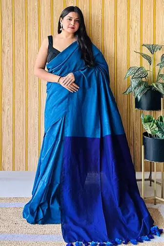 blue woven design cotton blend saree with unstitched blouse piece