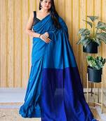 blue woven design cotton blend saree with unstitched blouse piece
