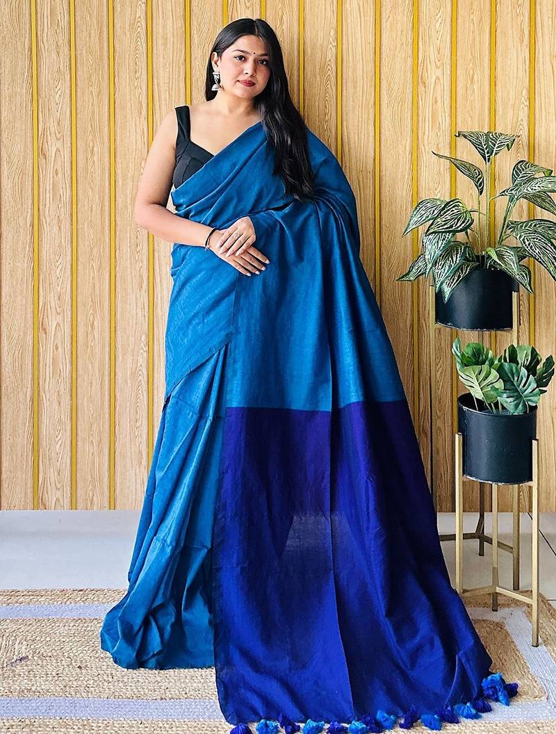 blue woven design cotton blend saree with unstitched blouse piece