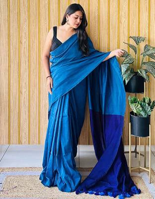 blue woven design cotton blend saree with unstitched blouse piece 2