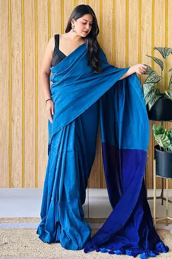 blue woven design cotton blend saree with unstitched blouse piece