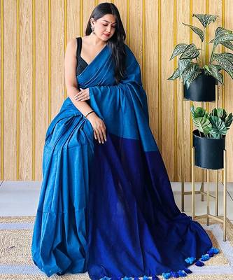 blue woven design cotton blend saree with unstitched blouse piece 3