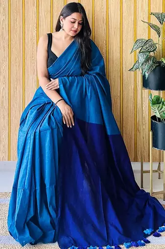 blue woven design cotton blend saree with unstitched blouse piece