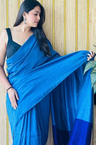 blue woven design cotton blend saree with unstitched blouse piece