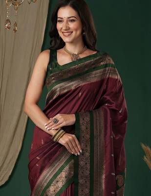 Maroon maroon ethnic motifs zari silk blend banarasi saree unstiched blouse 1