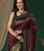 Maroon maroon ethnic motifs zari silk blend banarasi saree unstiched blouse