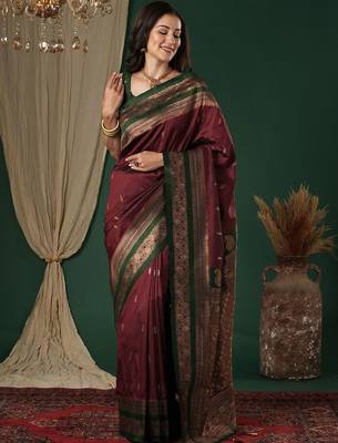 Maroon maroon ethnic motifs zari silk blend banarasi saree unstiched blouse 2
