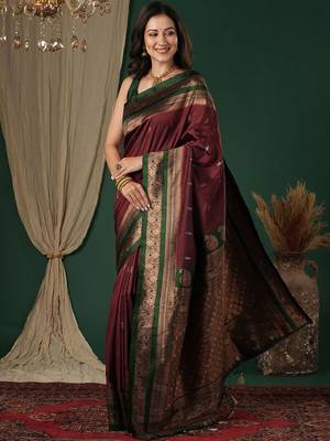 Maroon maroon ethnic motifs zari silk blend banarasi saree unstiched blouse 4