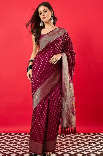 Burgundy woven design zari silk blend banarasi saree
