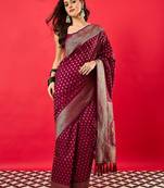 Burgundy woven design zari silk blend banarasi saree
