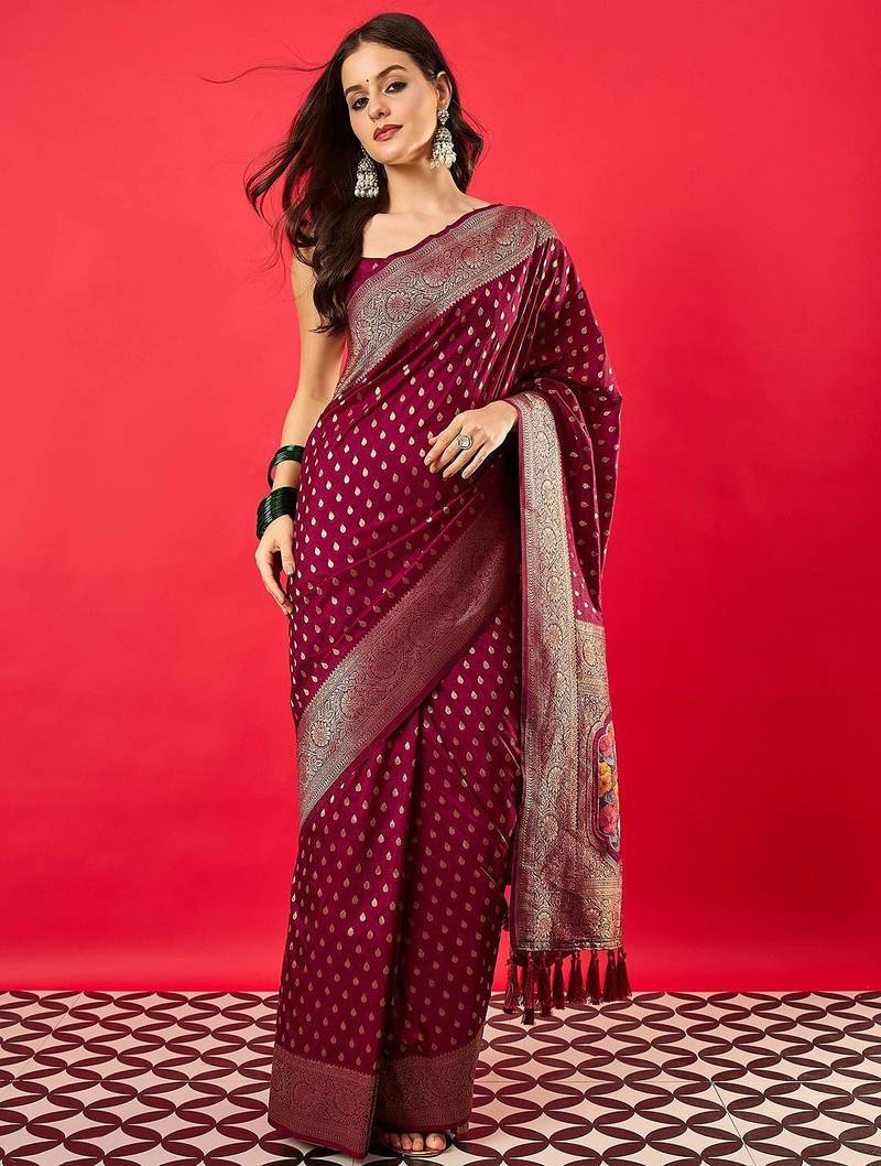 Burgundy woven design zari silk blend banarasi saree