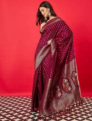 Burgundy woven design zari silk blend banarasi saree 2