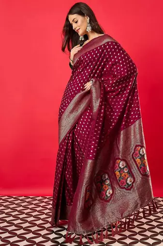 Burgundy woven design zari silk blend banarasi saree