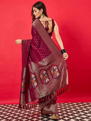 Burgundy woven design zari silk blend banarasi saree 3