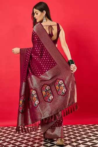 Burgundy woven design zari silk blend banarasi saree