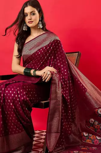 Burgundy woven design zari silk blend banarasi saree