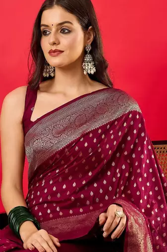 Burgundy woven design zari silk blend banarasi saree