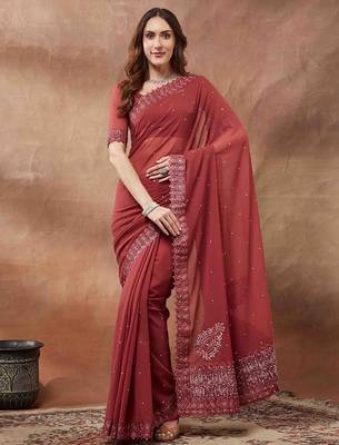 maroon embroidered embellished beads and stones georgette saree 1
