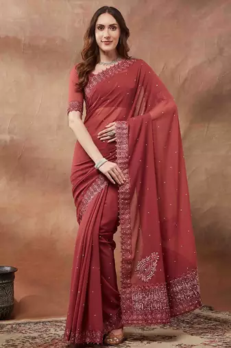 maroon embroidered embellished beads and stones georgette saree