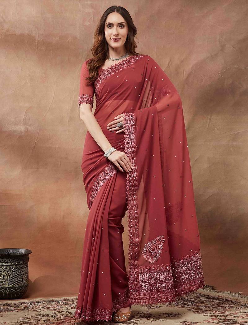 maroon embroidered embellished beads and stones georgette saree