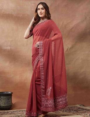 maroon embroidered embellished beads and stones georgette saree 2
